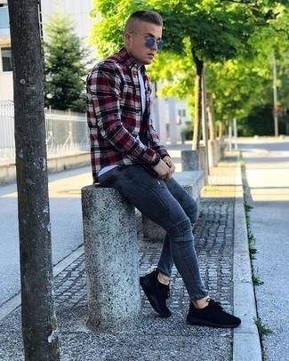 Men's Black Athletic Shoes, Charcoal Skinny Jeans, White Crew-neck T-shirt, Multi colored Plaid Long Sleeve Shirt