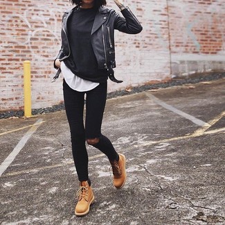 Women's Tan Leather Lace-up Flat Boots, Black Ripped Skinny Jeans, White Crew-neck T-shirt, Black Long Sleeve T-shirt