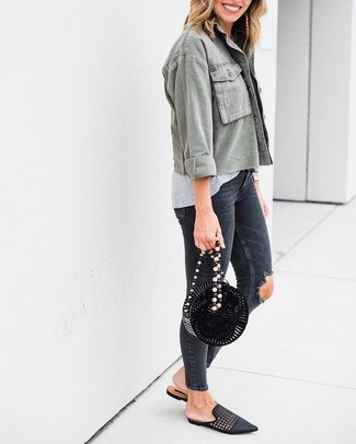 Women's Black Woven Leather Loafers, Charcoal Ripped Skinny Jeans, Grey Crew-neck T-shirt, Olive Military Jacket