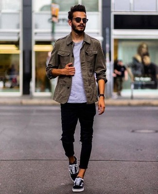 Men's Black Canvas Low Top Sneakers, Black Ripped Skinny Jeans, Grey Crew-neck T-shirt, Olive Military Jacket