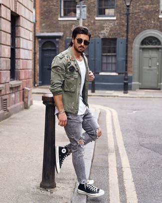 Men's Black and White Canvas High Top Sneakers, Grey Ripped Skinny Jeans, White Crew-neck T-shirt, Olive Military Jacket