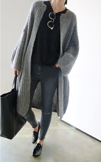 Women's Black Leather Loafers, Charcoal Ripped Skinny Jeans, Black Crew-neck T-shirt, Grey Knit Open Cardigan