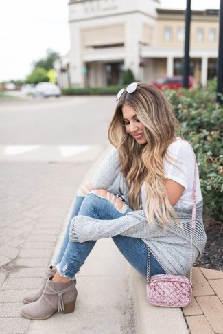 Women's Grey Suede Ankle Boots, Blue Ripped Skinny Jeans, White Crew-neck T-shirt, Grey Open Cardigan