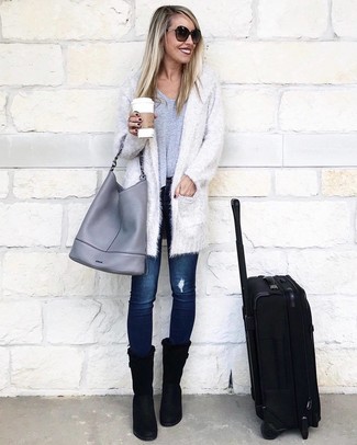 Women's Black Suede Mid-Calf Boots, Navy Ripped Skinny Jeans, Grey Crew-neck T-shirt, White Fluffy Open Cardigan