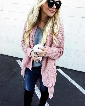 Pink Knit Open Cardigan Outfits For Women: 