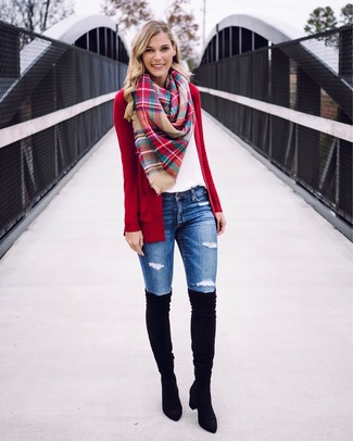 Women's Black Suede Over The Knee Boots, Blue Ripped Skinny Jeans, White Crew-neck T-shirt, Red Open Cardigan