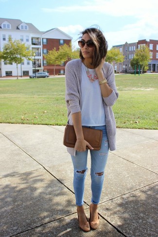 Women's Brown Leather Ballerina Shoes, Light Blue Ripped Skinny Jeans, White Crew-neck T-shirt, Grey Open Cardigan