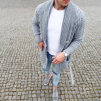 Men's Grey Suede Low Top Sneakers, Light Blue Ripped Skinny Jeans, White Crew-neck T-shirt, Grey Knit Open Cardigan