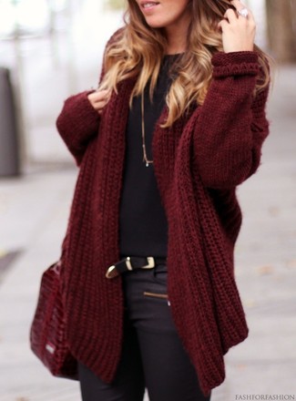Burgundy Knit Open Cardigan Outfits For Women: 
