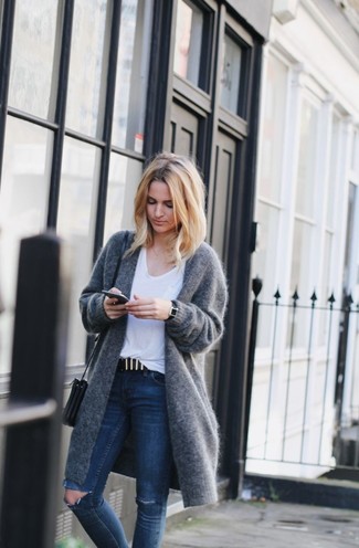 Grey Fluffy Open Cardigan Outfits For Women: 