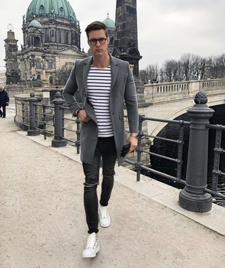 Men's White Leather Low Top Sneakers, Black Ripped Skinny Jeans, White and Navy Horizontal Striped Crew-neck T-shirt, Charcoal Overcoat