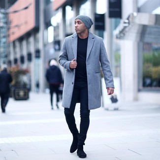 Navy Skinny Jeans with Grey Overcoat Outfits In Their 30s: 