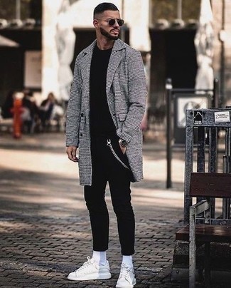 Men's White Leather Low Top Sneakers, Black Skinny Jeans, Black Crew-neck T-shirt, Grey Plaid Overcoat
