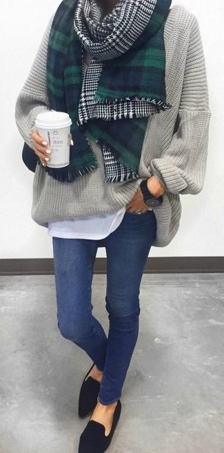 Navy and Green Plaid Scarf Outfits For Women: 