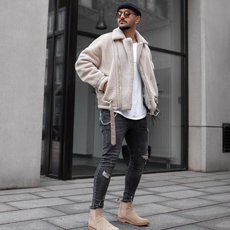 Men's Beige Suede Chelsea Boots, Charcoal Ripped Skinny Jeans, White Crew-neck T-shirt, Beige Shearling Jacket