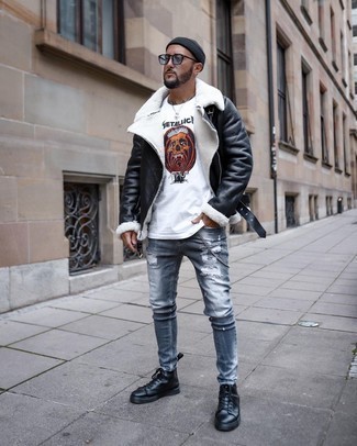 Men's Black Leather Casual Boots, Grey Ripped Skinny Jeans, White Print Crew-neck T-shirt, Black Shearling Jacket