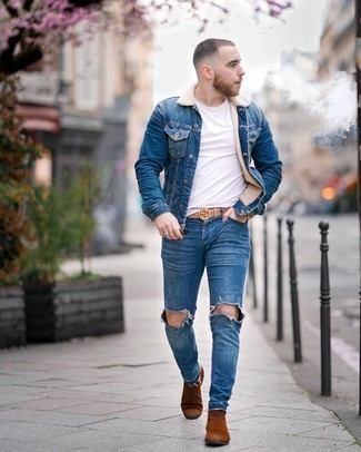 Men's Tobacco Suede Chelsea Boots, Blue Ripped Skinny Jeans, White Crew-neck T-shirt, Blue Denim Shearling Jacket
