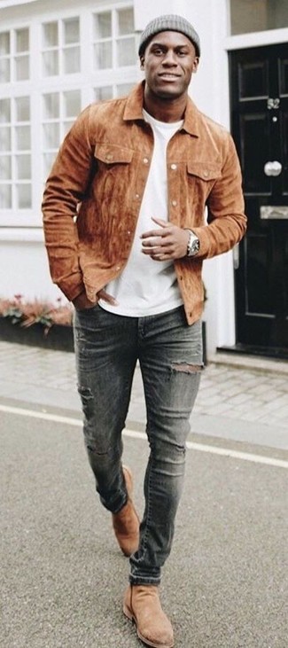 Men's Tan Suede Chelsea Boots, Charcoal Ripped Skinny Jeans, White Crew-neck T-shirt, Brown Suede Shirt Jacket