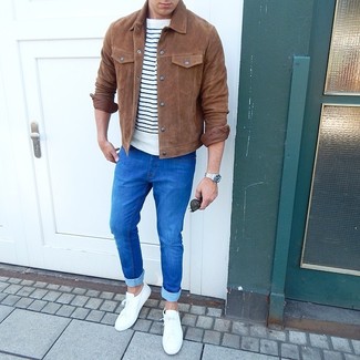 Men's White Low Top Sneakers, Blue Skinny Jeans, White and Navy Horizontal Striped Crew-neck T-shirt, Brown Suede Shirt Jacket