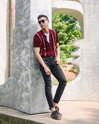 Men's Burgundy Leather Brogues, Charcoal Ripped Skinny Jeans, White Crew-neck T-shirt, Burgundy Vertical Striped Short Sleeve Shirt