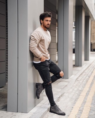 Charcoal Suede Casual Boots Outfits For Men: 