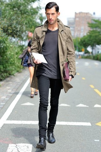 Men's Black Leather Chelsea Boots, Black Skinny Jeans, Charcoal Crew-neck T-shirt, Olive Trenchcoat