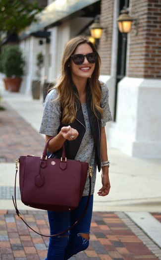 Burgundy Leather Tote Bag Relaxed Outfits: 