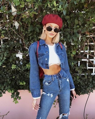 Women's Red Leather Backpack, Blue Ripped Skinny Jeans, White Cropped Top, Blue Denim Jacket
