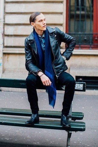 Men's Black Leather Chelsea Boots, Black Skinny Jeans, Blue Denim Jacket, Black Leather Biker Jacket
