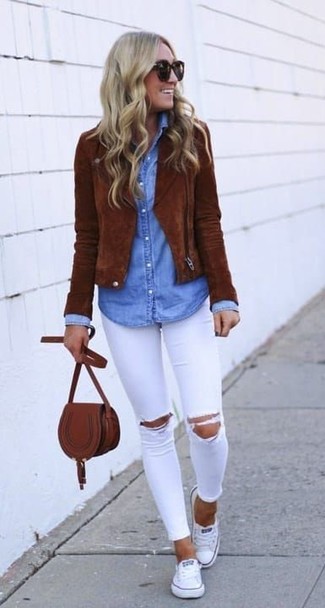 Women's White Canvas Low Top Sneakers, White Ripped Skinny Jeans, Light Blue Denim Shirt, Brown Suede Biker Jacket