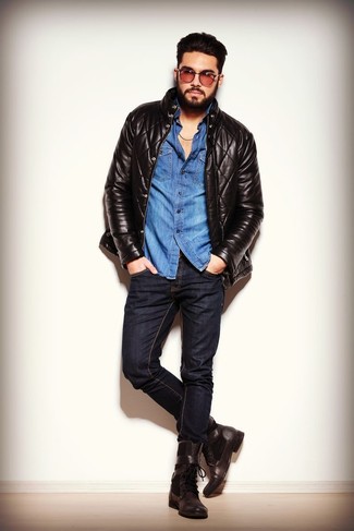Black Jeans with Navy Denim Shirt Spring Outfits For Men In Their 30s: 