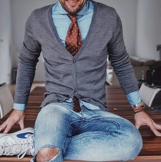 Dark Brown Silk Tie Outfits For Men: 