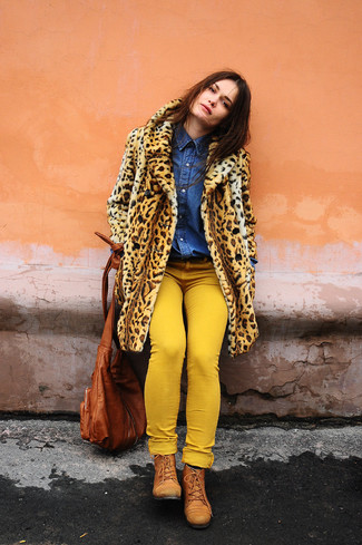 Women's Tobacco Leather Lace-up Flat Boots, Yellow Skinny Jeans, Blue Denim Shirt, Tan Leopard Fur Coat