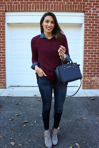 Burgundy Knit Oversized Sweater Outfits: 