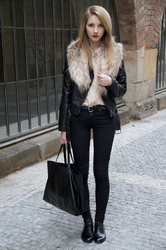 Women's Black Leather Oxford Shoes, Black Skinny Jeans, Beige Dress Shirt, Black Leather Biker Jacket