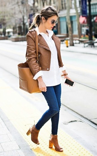 Women's Brown Cutout Suede Ankle Boots, Navy Skinny Jeans, White Dress Shirt, Brown Leather Biker Jacket