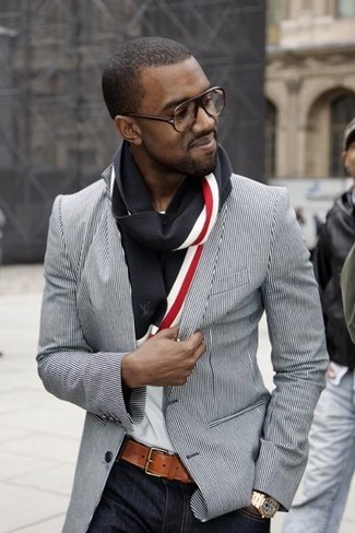 Black and White Horizontal Striped Scarf Outfits For Men: 