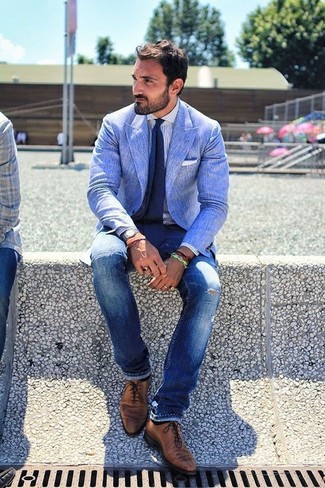 Blue Ripped Skinny Jeans Smart Casual Outfits For Men: 