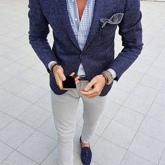 Blue Suede Tassel Loafers Outfits: 