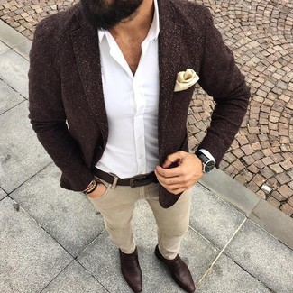 Dark Brown Wool Blazer with Dark Brown Leather Loafers Outfits For Men: 