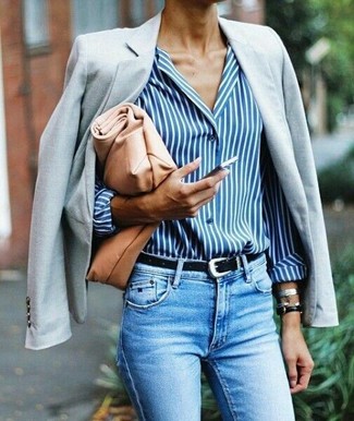 Women's Tan Leather Clutch, Light Blue Skinny Jeans, White and Blue Vertical Striped Dress Shirt, Grey Blazer