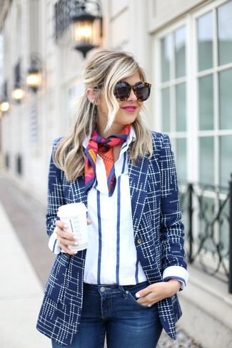 Navy Print Blazer Outfits For Women: 