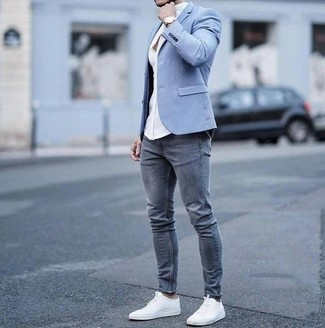 Men's White Canvas Low Top Sneakers, Grey Skinny Jeans, White Dress Shirt, Light Blue Blazer