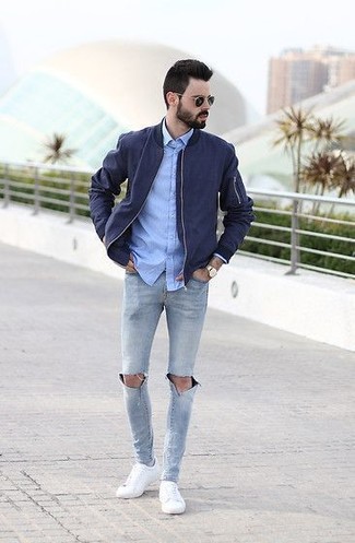 Light Blue Chambray Dress Shirt with Bomber Jacket Warm Weather Outfits For Men: 