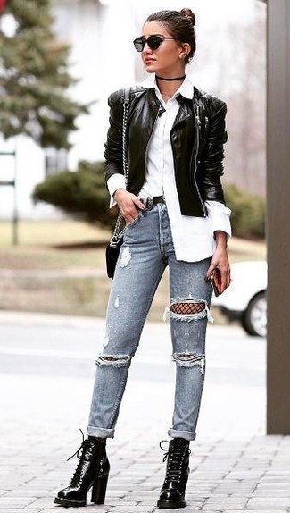 Women's Black Leather Lace-up Ankle Boots, Grey Ripped Skinny Jeans, White Dress Shirt, Black Leather Bomber Jacket