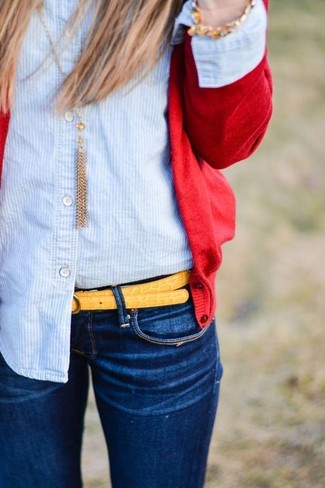 Women's Yellow Leather Belt, Navy Skinny Jeans, Light Blue Vertical Striped Dress Shirt, Red Cardigan