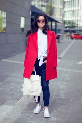 Red Coat with Low Top Sneakers Outfits For Women: 