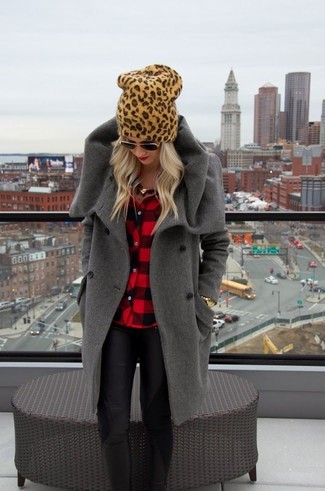 Women's Tan Leopard Beanie, Black Leather Skinny Jeans, Red and Black Gingham Dress Shirt, Charcoal Coat
