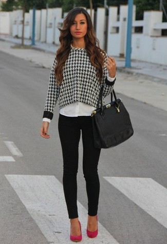 Black and White Houndstooth Crew-neck Sweater Outfits For Women: 