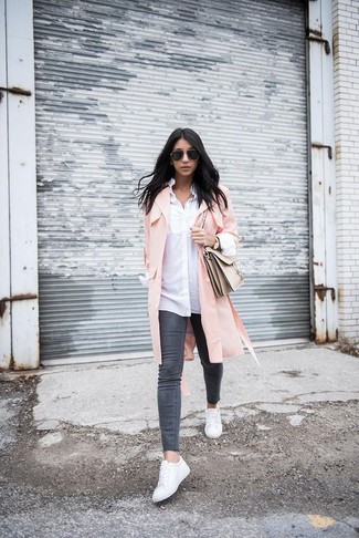 Pink Duster Coat with Charcoal Skinny Jeans Outfits: 